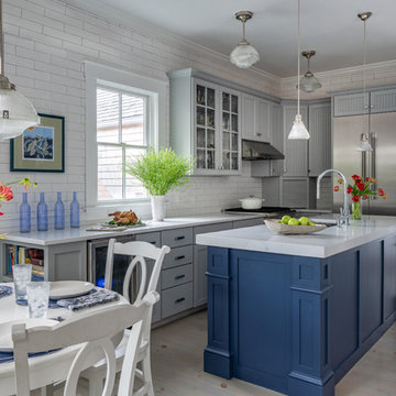 Gray, white and blue kitchen
