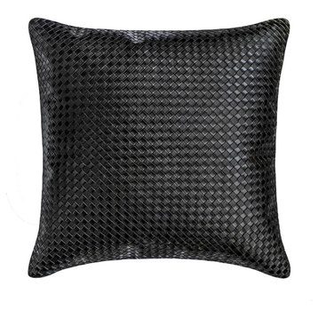 Black Faux leather Textured, Metallic 18"x18" Throw Pillow Cover - Tanner Black