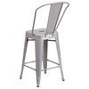 MFO 24'' High Silver Metal Indoor-Outdoor Counter Height Stool with Back