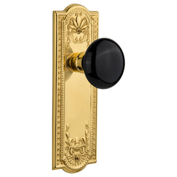 Double Meadows Plate With Black Porcelain Knob, Polished Brass