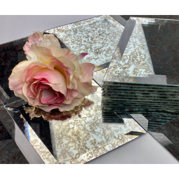 Peel and Stick 6x8 Beveled Glass Mirror Diamond Tile in Glossy Antique Silver