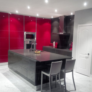 Modern Kitchen Style, Recessed Lighting, High Gloss Cabinets, Red and Gray Kitch