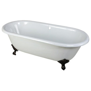 66" Double Ended Clawfoot Tub No Faucet Drillings, White/Oil Rubbed Bronze