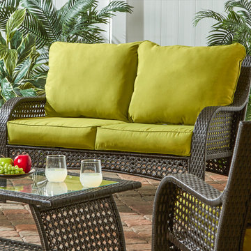 Wicker Woven Lounge Set with Bright Green Seat Cushions