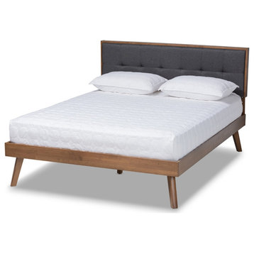 Modern Dark Grey Fabric Upholstered Brown Finished Wood King Size Platform Bed
