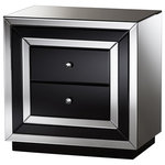 Baxton Studio - Cecilia Hollywood Regency Glamour Style Mirrored 2-Drawer Nightstand - Combining modern styling with the classic look that mirrored furniture provides, the Cecilia will be great  for those who are looking for mirrored furniture but not having a complete piece of furniture with mirrored panels. Constructed of MDF and encased with black glass panels with clear mirrored sides, edges and top, the Cecilia is truly a statement piece of bedroom furniture. Functional with two drawers, the Cecilia provides ample bed side storage. This sophisticated and ultra modern night stand is accented with faux crystal drawer pulls to complete the design, forming layer to layer color contrast effect from the edges to the center of the piece. Nightstand comes fully assembled, with only the drawer handles to attach. Made in China.