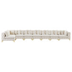 Meridian Furniture - Tremblay Modular Sectional, Cream, L-Shaped, 8-Piece: Armless (6), Corner (2) - Lean back and relax on this Tremblay sectional. Featuring soft cream velvet upholstery with deep button tufting, this sectional adds a bold touch to any living space. A complete set of gold and chrome legs are included, so you can change it up to suit your home decor. This sectional is modular, so you can create infinite configurations with it, which are easily attached using the latch underneath the frame. Its contemporary design is perfect for the modern home.