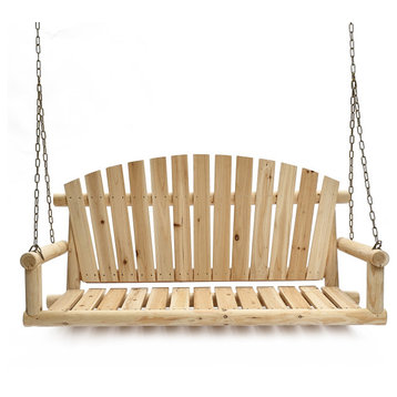 Natural Unfinished Wood Log Cabin Porch Swing with Chains
