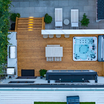 Modern Toronto Backyard | Custom Cabana, Pool, Outdoor Kitchen, Fire Pit & Deck