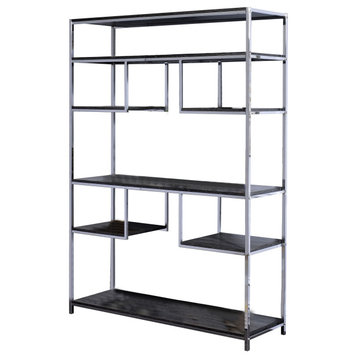 Etagere Bookshelf With 7 Shelves And Geometric Pattern,Silver And Dark Gray