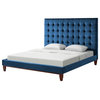 Posh Living Blake Button-Tufted Velvet Queen Bed Frame in Blue