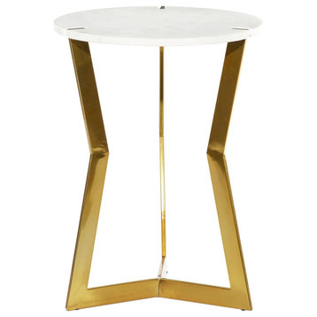 Contemporary End Table, Golden Metal Frame With Elegant Round Marble Top