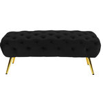 Meridian Furniture - Amara Velvet Upholstered Bench, Black - Inject Hollywood glam into your space with this Amara Black Velvet Bench. Its rich velvet upholstery gives it a sleek, modern look while stainless steel legs with a gold finish add to its lavish appearance. This bench has a wide seat with a plump cushion that cradles your body in comfort while you unwind and relax. The button-tufted top keeps the material inside from shifting, so it stays aloft and ready to comfort you as you sit.