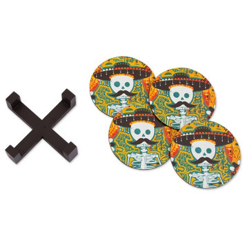 Novica Mustachioed Skull Decoupage Wood Coasters