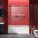 Modland - 60x60 Single Sliding Frameless Clear Glass Tub Shower Door - This hinged frameless tub door is the ideal choice for an instant bathroom refresh. Crafted from high-quality fluted tempered glass and equipped with durable stainless steel hardware, this door features tempered glass with a protective coating that effectively guards against hard water buildup and stains. This ensures long-lasting cleanliness and easy maintenance. The door effortlessly glides on roller guides, and the top rail support allows for wall anchoring to enhance stability. Installation is a breeze, with all the necessary mounting hardware included. Whether you prefer a left-side or right-side opening, this door caters to your preferences, making you the master of your bathroom. The full-length seal strips at the bottom guarantee a watertight shower experience, preventing water from escaping and keeping your bathroom dry.