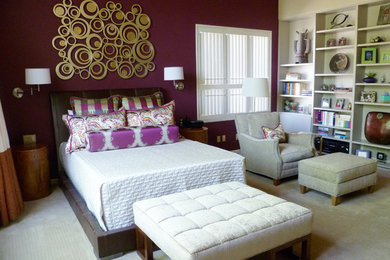 Huge minimalist master carpeted bedroom photo in Phoenix with multicolored walls