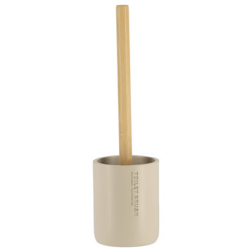 Stylish Matte Beige Toilet Brush and Holder Set With Natural Bamboo Handle