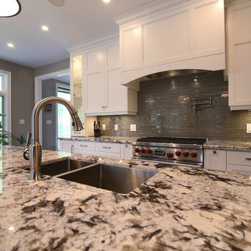Open Transitional White Kitchen with Butcher Block
