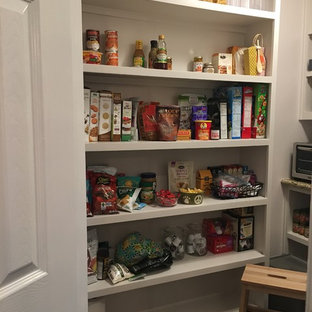 Cette image montre une très grande arrière-cuisine minimaliste en L avec un évier de ferme, un placard avec porte à panneau surélevé, des portes de placard violettes, un plan de travail en granite, une crédence en carreau de verre, un électroménager en acier inoxydable, un sol en bois foncé, un îlot central et un sol marron.