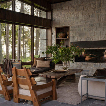 Antique Elm Paneling and Ceiling in Modern Lakehouse Four Seasons Porch