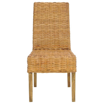 Set of 2 Armless Dining Chair, Woven Design With Wooden Legs, Honey Oak