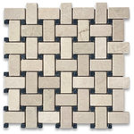 Stone Center Online - Non Slip Crema Marfil Marble 1x2 Basketweave Tumbled Shower Floor Til, 1 sheet - Crema Marfil Marble 1x2" rectangle pieces and Nero Marquina 3/8" dots mounted on 12x12" sturdy mesh tile sheet