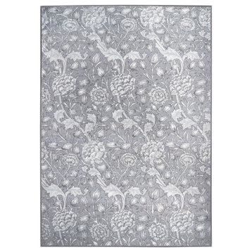 My Magic Carpet Washable Rug Kalini Floral Grey, 5' X 7'