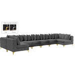 Meridian Furniture - Tremblay Velvet Upholstered 9-Piece Modular U-Shaped Sectional, Grey - Lean back and relax on this Tremblay sectional. Featuring soft grey velvet upholstery with deep button tufting, this sectional adds a bold touch to any living space. A complete set of gold and chrome legs are included, so you can change it up to suit your home decor. This sectional is modular, so you can create infinite configurations with it, which are easily attached using the latch underneath the frame. Its contemporary design is perfect for the modern home.