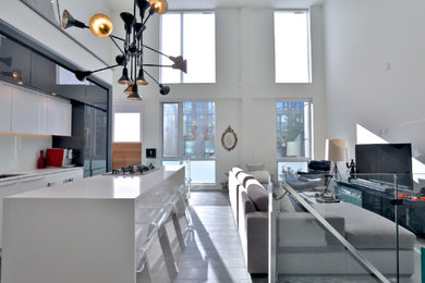 Trendy family room photo in Toronto with white walls