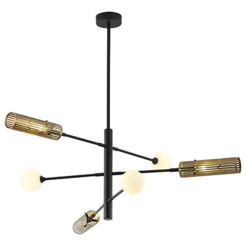 6-Light  Black And Gold Chandelier With White Glass Shades