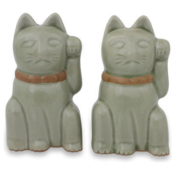 Lucky Green Cat Celadon Figurines, Set of 2
