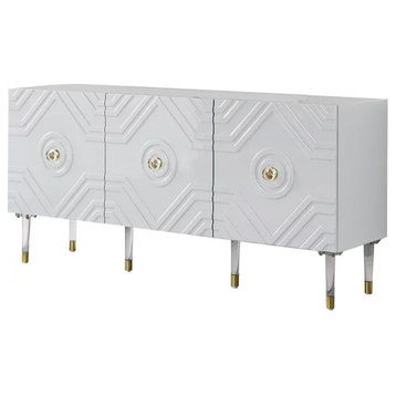 Modern Sideboard, Geometric Accented Doors & Clear Acrylic Knobs, White Gloss