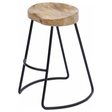 The Urban Port 24" Contemporary Wood Saddle Seat Small Barstool in Brown/Black