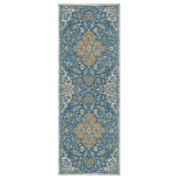 Melody Ivory/Blue Classic Medallion Reversible Indoor/Outdoor Rug 2' x 8'
