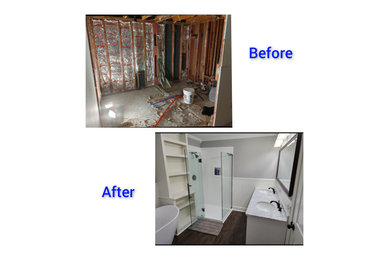 Example of a minimalist master brown floor and double-sink bathroom design in Other with white cabinets, gray walls, an undermount sink, marble countertops, a hinged shower door and white countertops