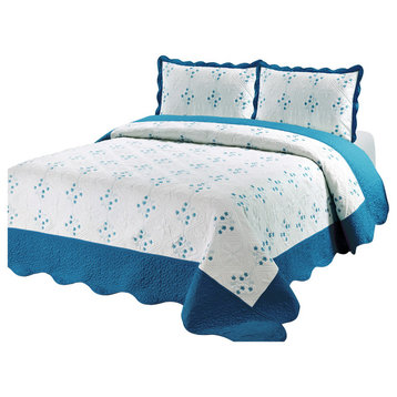 Reversible Embroidery Quilt Set, Turquoise, Twin