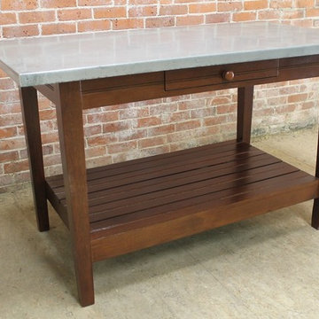 5' zinc kitchen island with reclaimed pine base and shelf