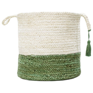 Two-Tone Off-White Jute Decorative Basket With Handles, Moss Green, 17"