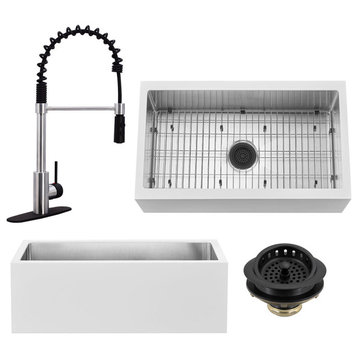 33" Single Bowl Farmhouse Solid Surface Sink and Faucet Kit, Stainless Steel/Black