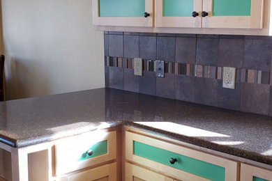 Enclosed kitchen - small eclectic l-shaped enclosed kitchen idea in Other with shaker cabinets, light wood cabinets, quartz countertops, brown backsplash, ceramic backsplash and brown countertops