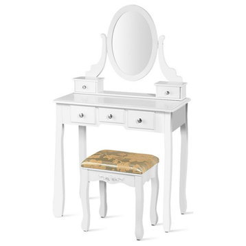 Costway MDF and Wood Vanity Dressing Table Set with Stool & Oval Mirror in White