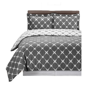 Bloomingdale Cotton Reversible Duvet Cover Set, Gray and White, King/Cal King