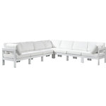 Meridian Furniture - Nizuc Water Resistant Patio L-Shaped Modular Sectional, White, 7-Piece: 4 Armless Chair, 3 Corner Chair, White Aluminum Frame - Pick and choose your favorites from the Nizuc collection to create a modular seating group the whole gang will enjoy. The sturdy aluminum frame provides dependable support for friends and family as they relax and unwind, and the resilient white water resistant fabric stands up to the elements without losing its beautiful demeanor, so you can count on it lasting for the long haul. Latches beneath these seating pieces help you easily attach them to one another for convenient setup.
