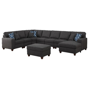 Devion Furniture 8-Piece Upholstered Fabric Sectional with Chaise in Dark Gray