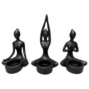 3-Piece Set, 7"H Resin Yoga Women Tealight Holder, Black