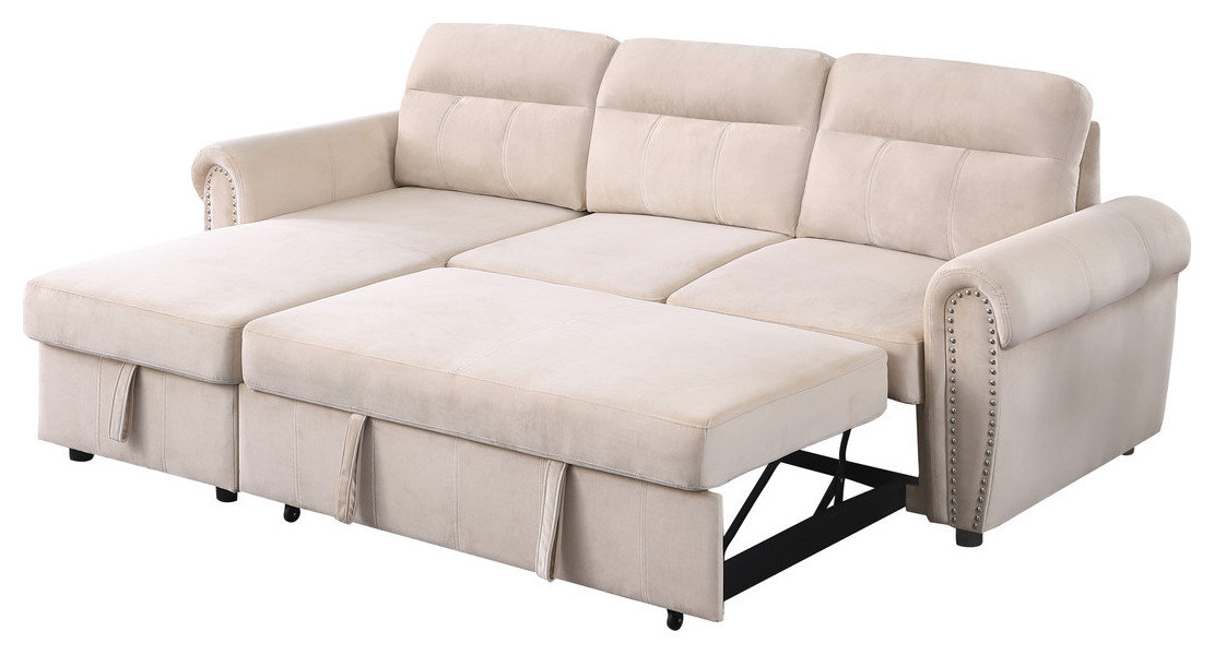 Ashton Velvet Fabric Reversible Sleeper Sectional Sofa Chaise ...