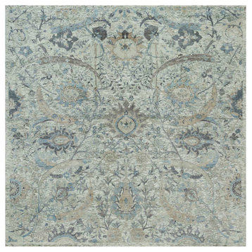 Delicate White Sickle Leaf Hand Knotted Silk and Wool Square Rug 8' x 8'