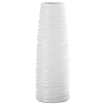 Porcelain Round Vase with Embossed Wave Pattern Matte Design White Finish