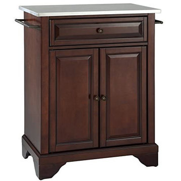 Small Kitchen Island, Classic Raised Panel Doors and Stainless Steel Top, Mahoga
