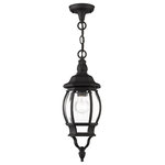 Livex Lighting - Textured Black Traditional, Colonial, French Historical, Outdoor Pendant Lantern - The classically transitional outdoor Frontenac collection boasts a cast aluminum structure with dazzling ornamental design.  The single-light small six-sided pendant lantern comes in a textured black finish with clear beveled glass and extravagantly decorative details. The ornate quality of this light will add radiance to your house exterior day or night.